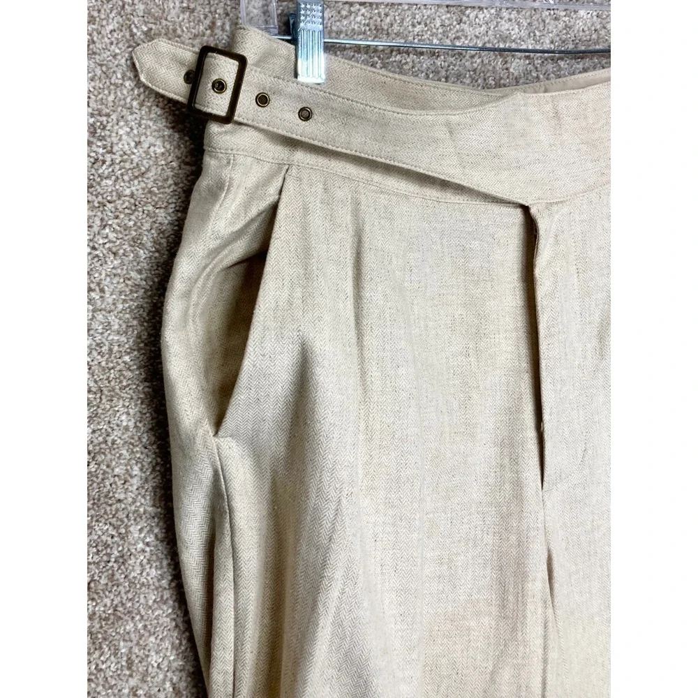 Banana Republic Linen Herringbone Pleated Pants Women 8 Beige Buckle Office Chic